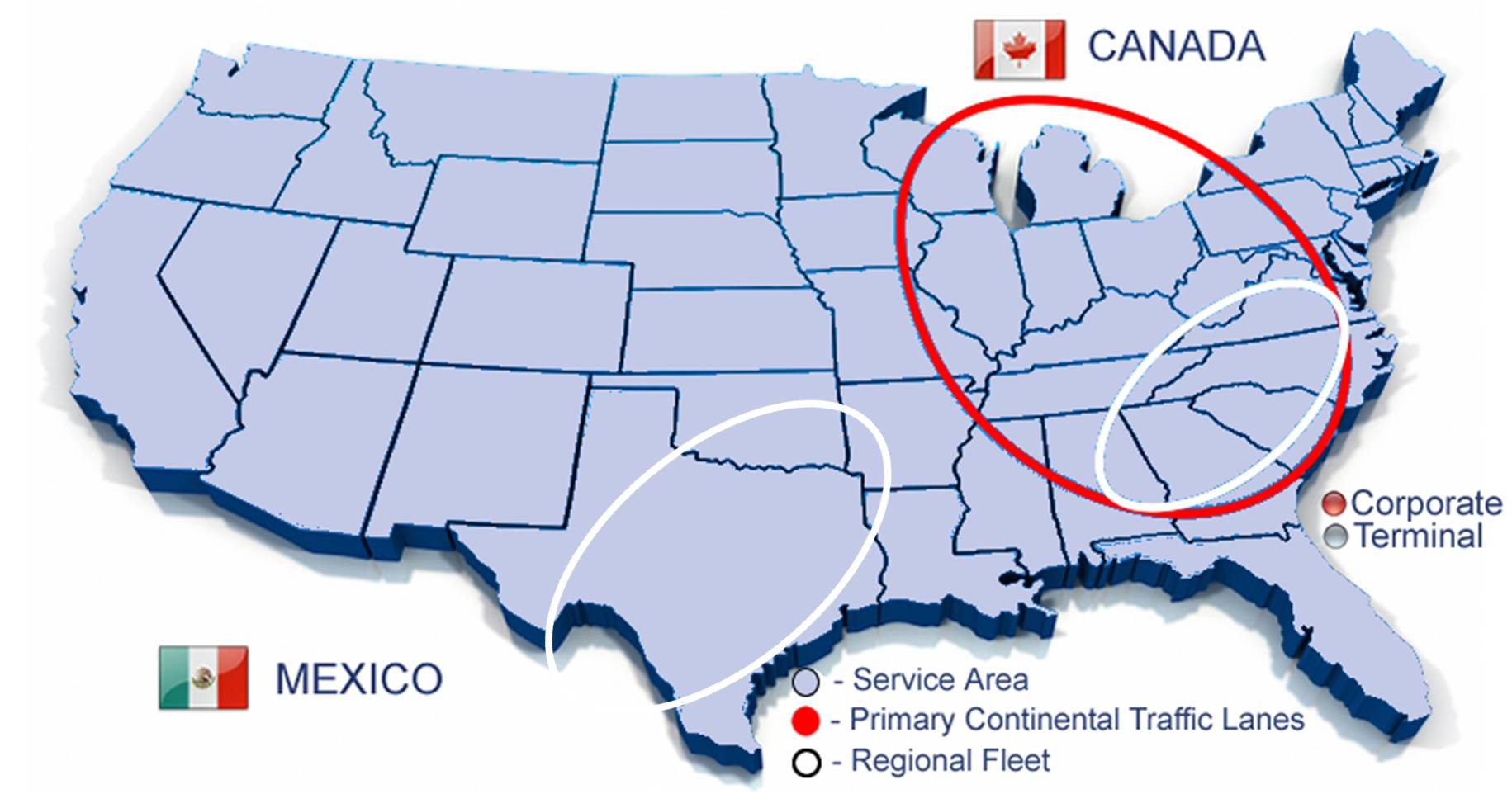 Continental Express Service Area - United States and into Canada and Mexico